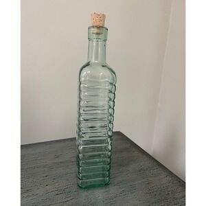 Libbey Vintage-Style Green Glass Ribbed Square Decanter Bottle with Cork Stopper